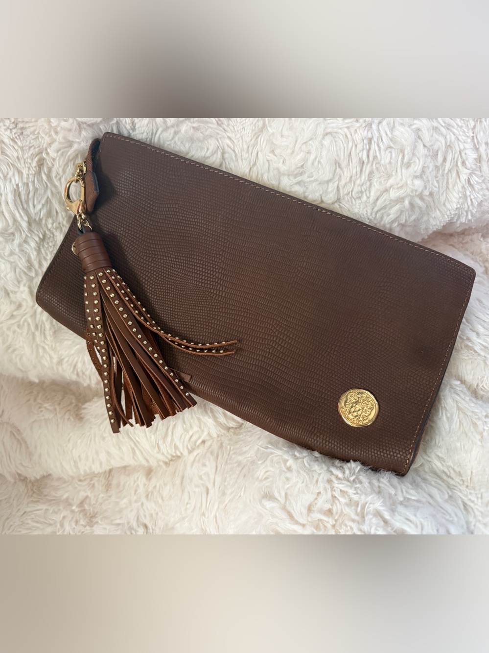 Vince Camuto Clutch Brown Snake Leather Tassel, Gold Medallion, clutch crossbody